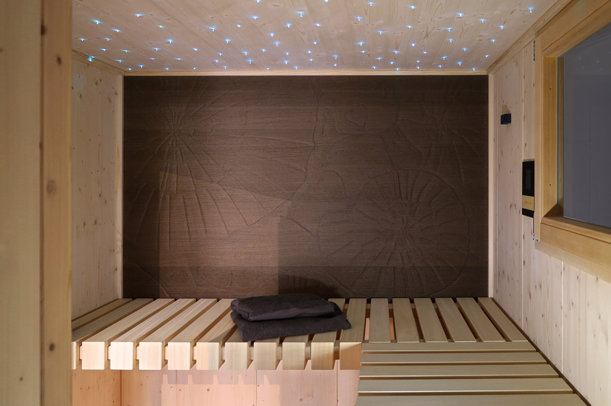 Sauna Sale, Außensauna mit Dekorwand Fossil