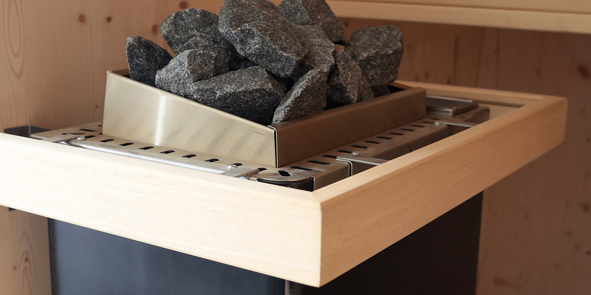 Saunaöfen, Finnischer Saunaofen, Biosauna-Verdampferofen mit Holzreling und Saunasteinen